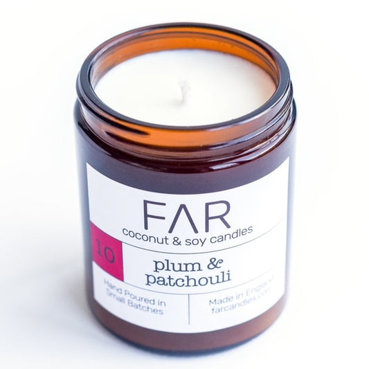 Far Candle Company plum & patchouli coconut & soy wax candle 180ml jar