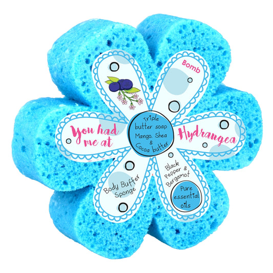 Bomb Cosmetics You had me at hydrangea body buffer soap sponge